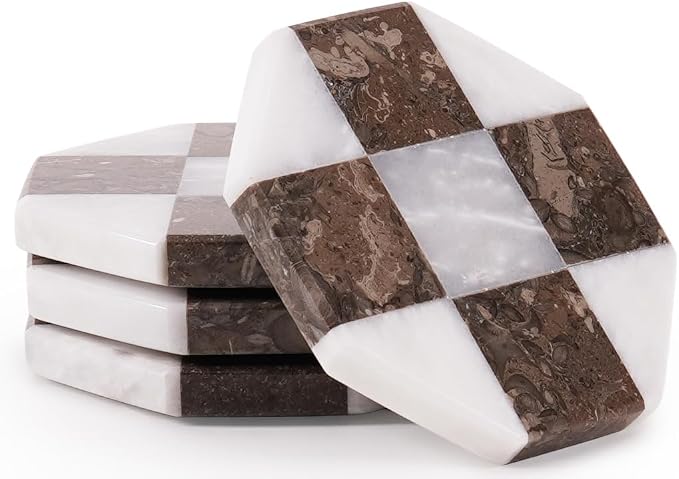 Marble Coasters Set of 4, White & Oceanic Handmade 4 inch Star Stone Coaster, Drink Checkered Coasters for Coffee Table, Stylish Bar Accessories & Modern Home Décor