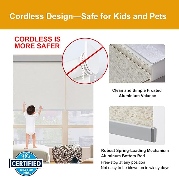 Persilux Free-Stop Cordless Roller Window Shades Light Filtering Window Blinds for Windows (Cream 46" W x 72" H) Natural Woven Fabric UV Protection Thermal Insulation Roller Shades for Windows, Home