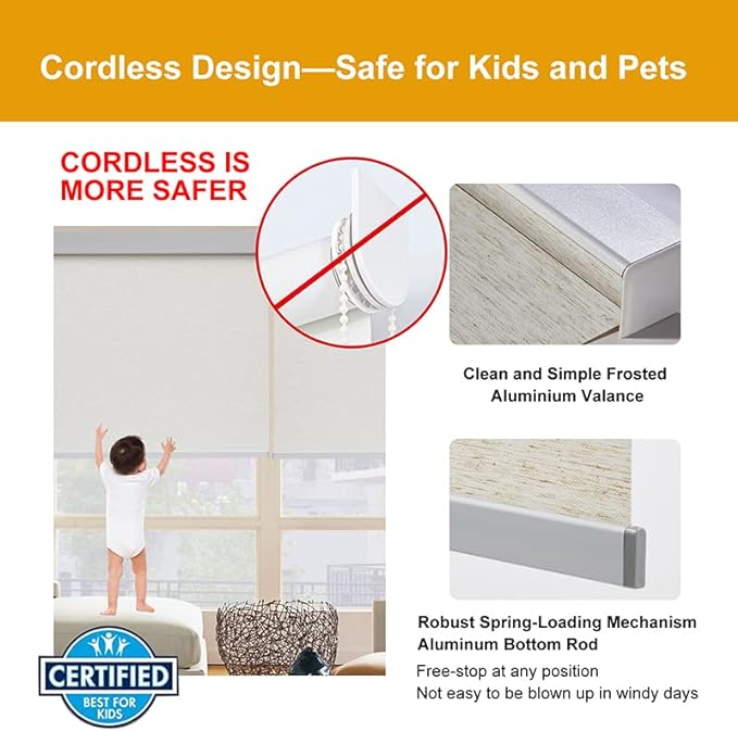 Persilux Free-Stop Cordless Window Shades Light Filtering Roller Blinds for Windows (Cream 34.5" W x 72" H) Natural Woven Fabric UV Protection Thermal Insulation Roller Shades for Windows, Home, Door