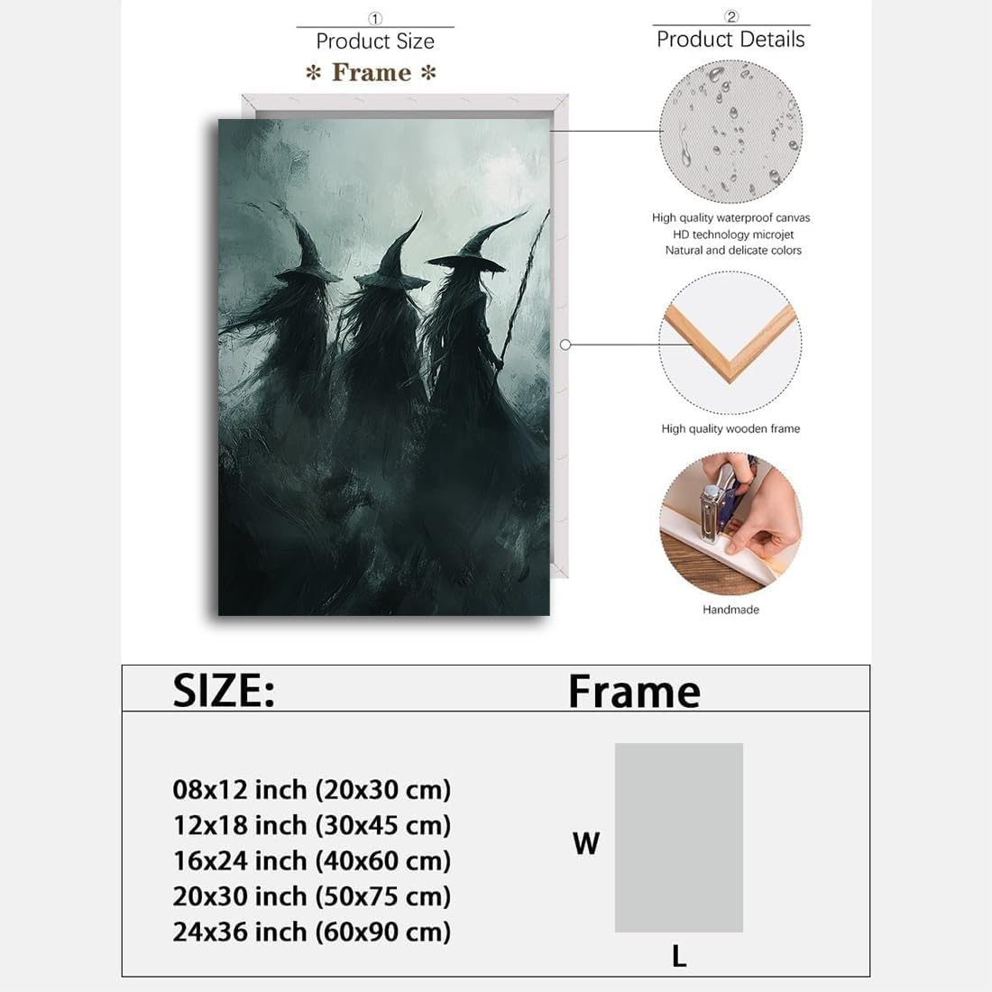 Gothic Witchs Horror Halloween Wall Art,Three Witches in Moody Forest Painting Wall Decor,Autumn Spooky Witches Forest Canvas Printing For Gallery Living Room Bedroom,8"x12" Framed