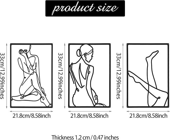 CHENGU 3 Pieces Metal Minimalist Abstract Woman Wall Art Line Drawing Wall Art Decor Single Line Female Home Hanging for Kitchen Bathroom Living Room