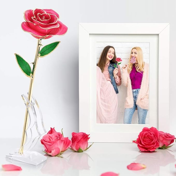 Gold Plated Rose, 24K Gold Dipped Real Rose Flower Gift for Lover Mom Wife Daughter Girl Friend, Present on Christmas, Mother's Day, Wedding Anniversary, Birthday, Proposal, Reward (Pink with Stand)