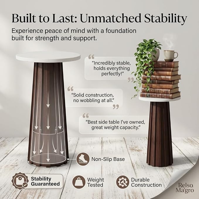 Relso Ma'gro Drink Table – Solid Mango Wood Fluted Base with Real White Marble Top | Farmhouse Accent Side Table for Boho Decor, Bedside, Entryway, Plant Stand, Night Stand & Small Living Spaces