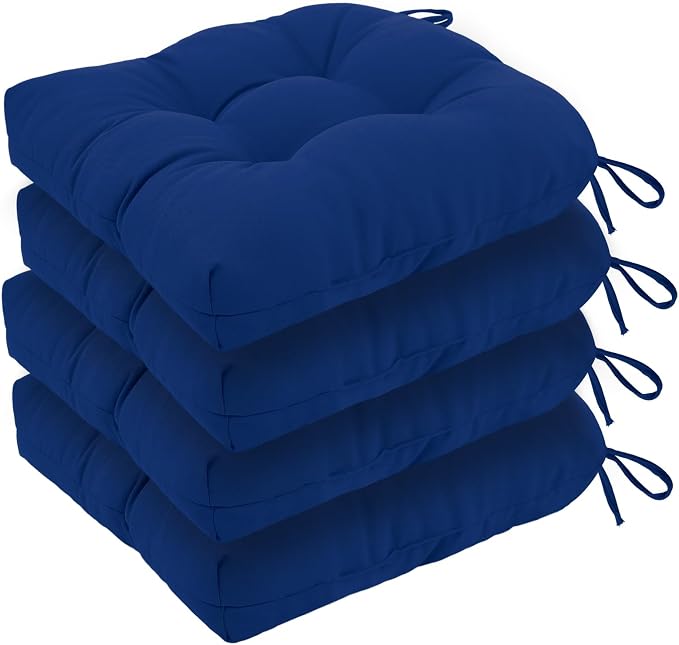 idee-home Outdoor Chair Cushions Set of 4, Patio Seat Cushions | Tufted Thick 17 x 17 x 5 Inch Cushions for Outdoor Furniture Waterproof with Ties, Dining Pads Dark Cerulean