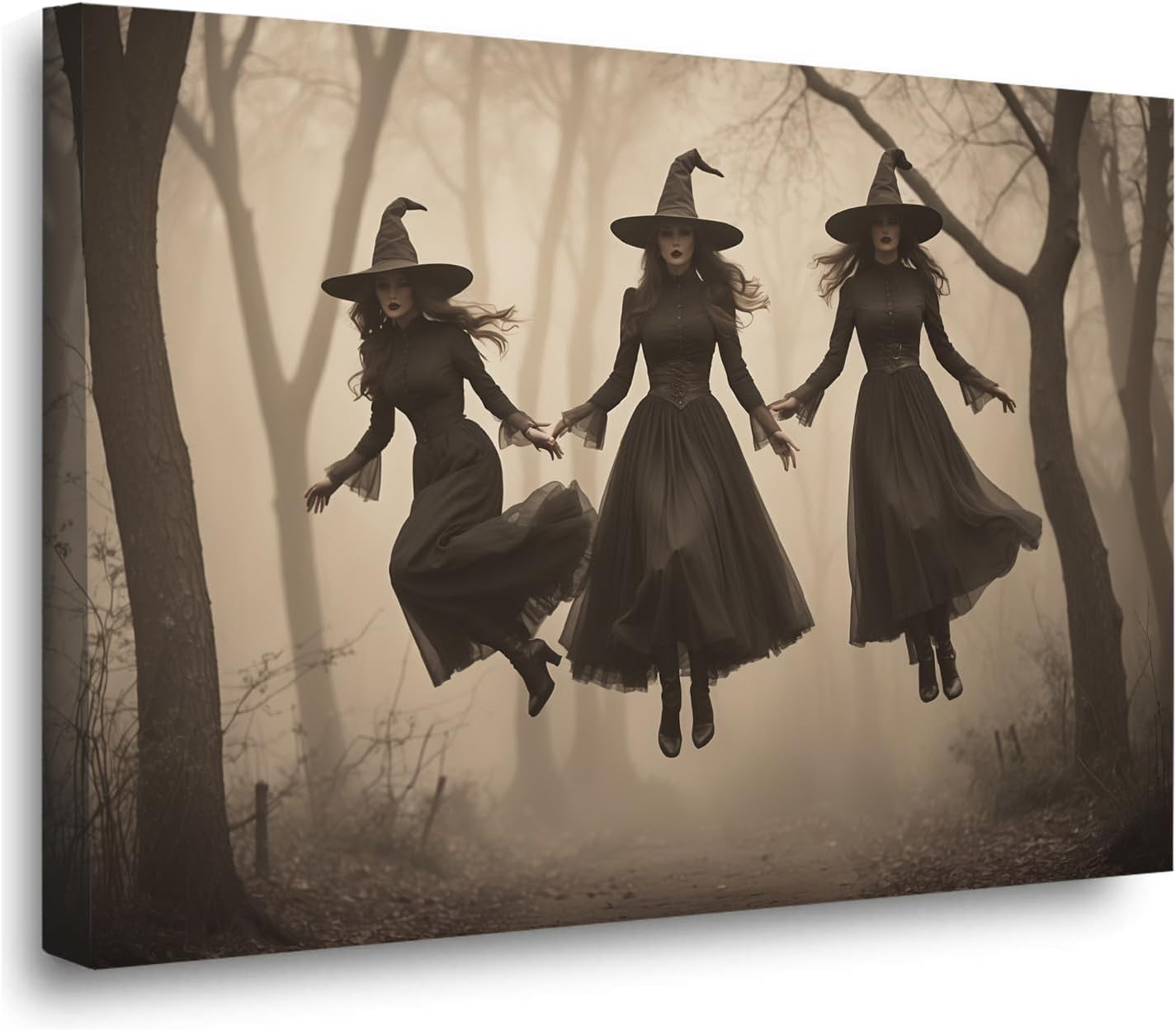 Three ghost witches flying in vintage forest gothic wall art witchcraft decoration holiday gift canvas wall art print12x16in Wood Framed