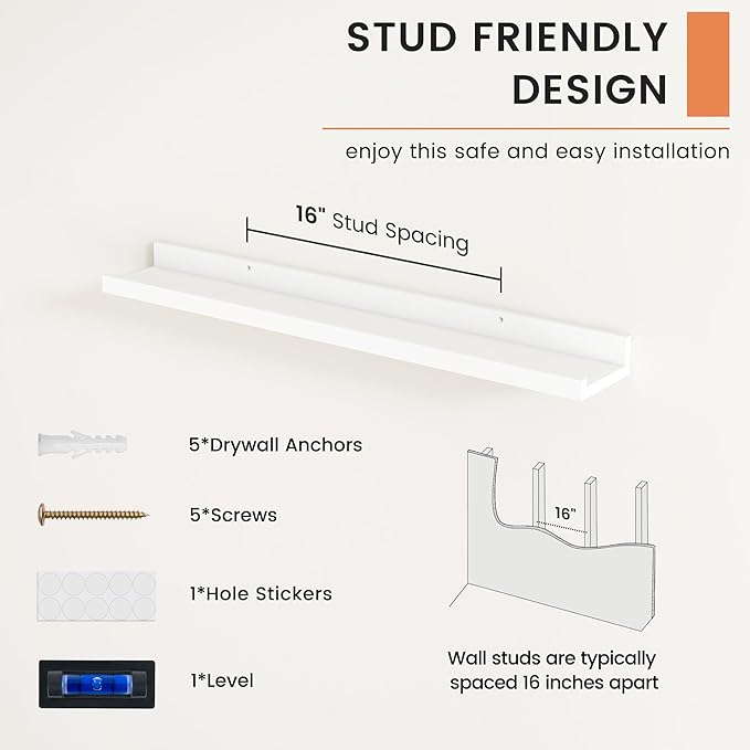 FLYJOE Picture Ledge Shelf, Floating Shelves Set of 2, 30 Inches Nursery Book Shelves for Toys Storage, Kids Bookshelf Wall Mounted for Living Room Bedroom Decor Books Photo Frames, White