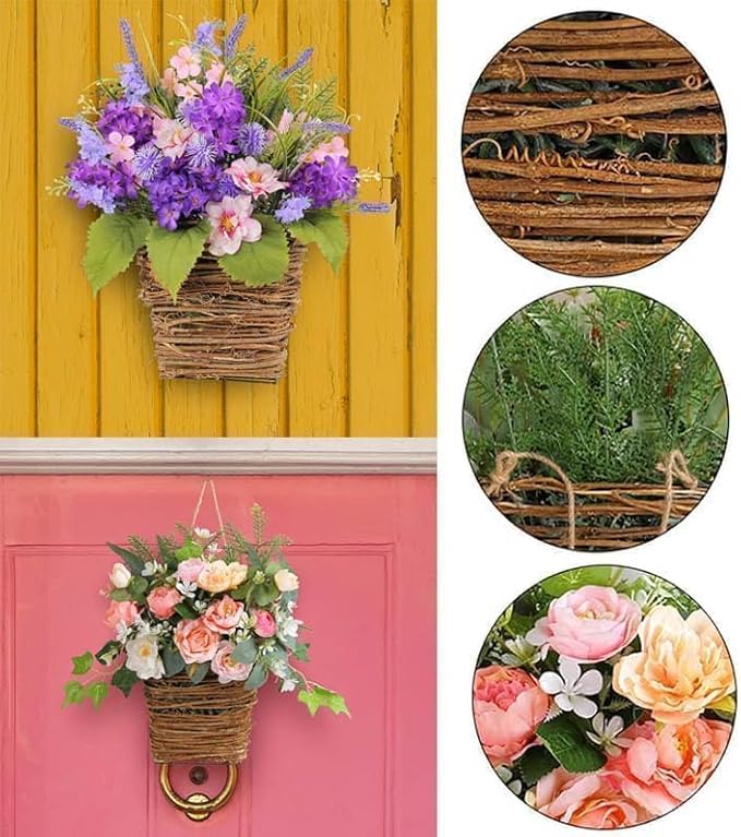 2026 Cream Hydrangea Door Hanger Basket Wreath, Spring Summer Wreaths for Front Door Wildflowers Front Door Basket Wreath Artificial Flower Hanging Basket for Home Farmhouse Seasonal Decor (F)