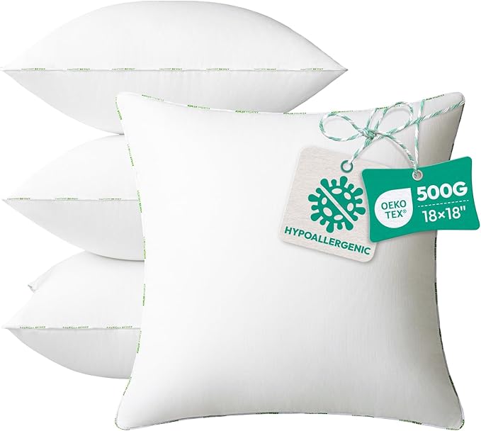 Ashler Home Deco Throw Pillow Inserts (Pack of 4, 18 x 18 Inches, White) - Hypoallergenic 100% Virgin Fiber Square Form Microfiber Throw Pillows for Bed and Couch Pillows | Indoor Decorative Pillow