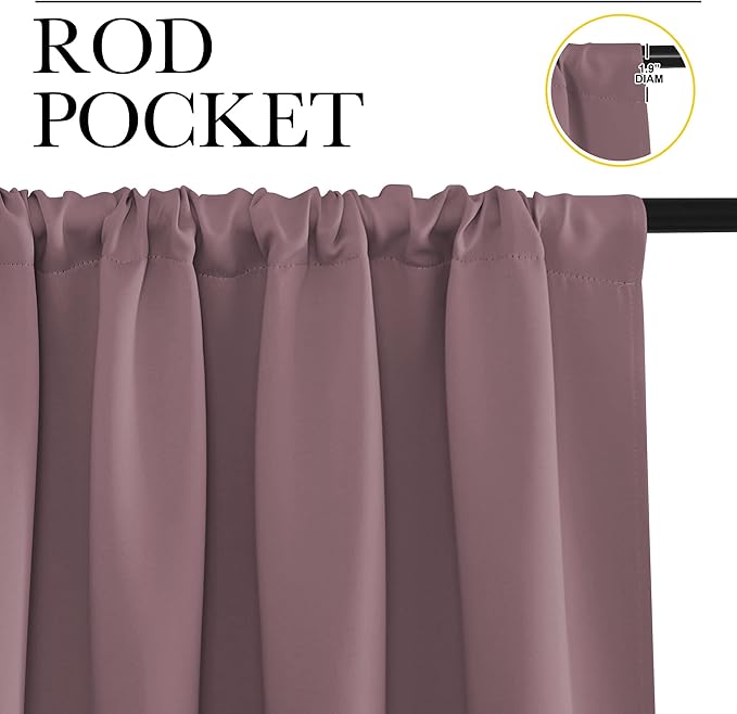 NICETOWN Blackout Curtains for Bedroom, Home Decorations Thermal Insulated Solid Rod Pocket Blackout Drapes for Cafe (Dry Rose, One Pair, 62 x 63-inch)