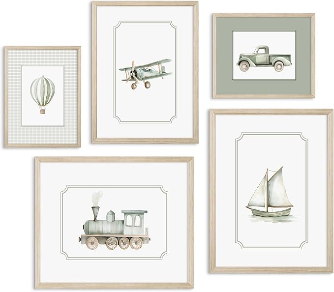 Sage Green Nursery Wall Art Boys Room Canvas Poster Kids Wall Decor Vintage Vehicle Prints Baby Toddler Pictures Transportation Plane Painting Train Truck Artwork for Bedroom 8x10 Inch Wood Framed