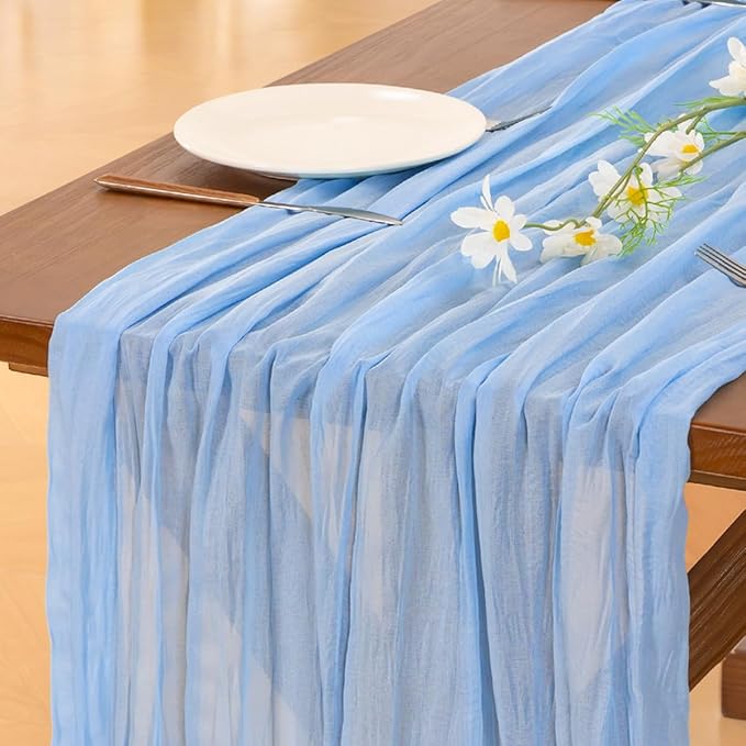 Socomi 3pcs Light Blue Cheesecloth Table Runner Easter Spring Boho Rustic Gauze 120 inch 10FT Cheese Cloth Runner for Wedding Party Baby Shower Birthday Home Decor Holiday Decorations
