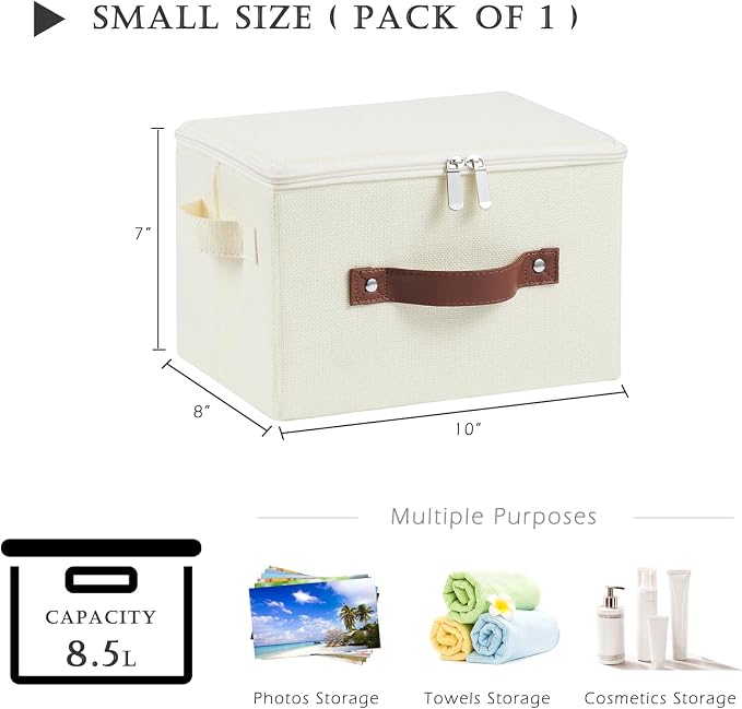 Storage Bins with Zipper Lid Cotton Linen Fabric Lidded Storage Baskets Boxes Foldable Washable Closet Shelf Clothes Organizer Container with PU Leather Handles (Beige, Small Size)