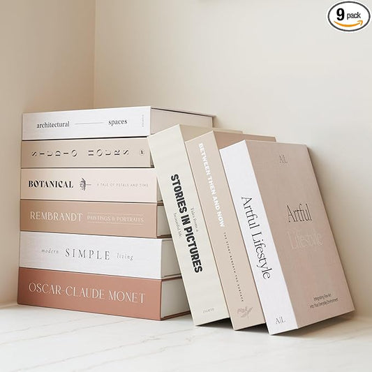 Beautiful Decorative Books - Set of 9 Boxes Enhance Your Coffee Table, Bookshelf or Mantel Shelf Decor - Aesthetic Fake/Faux Books for Modern Home Decoration, Photo Storage and as a Keepsake Box