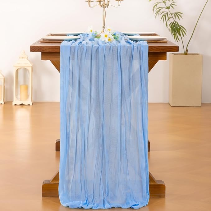 Socomi 10pcs Blue Valentine's Day Cheesecloth Table Runner Light Blue Boho Rustic Gauze 120 inch 10FT Cheese Cloth Runner for Wedding Party Baby Shower Birthday Home Decor Holiday Decorations