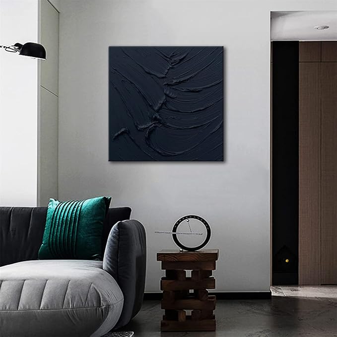 zoinart Black Textured Wall Art, 20x20 Hand Painted Abstract Oil Paintings on Canvas, Thick Texture Black Minimalist Contemporary Art
