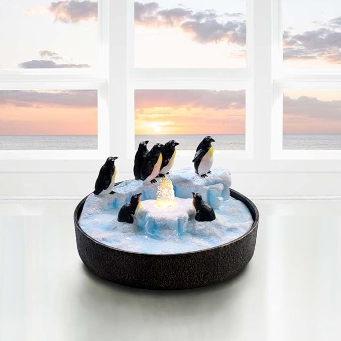 Tolevoit Tabletop Water Fountain Penguins Resin Statue, Vivacious Style Feature Decoration Indoor Waterfall Fountains with LED Lights Fit Office, Night-Table Home Decor