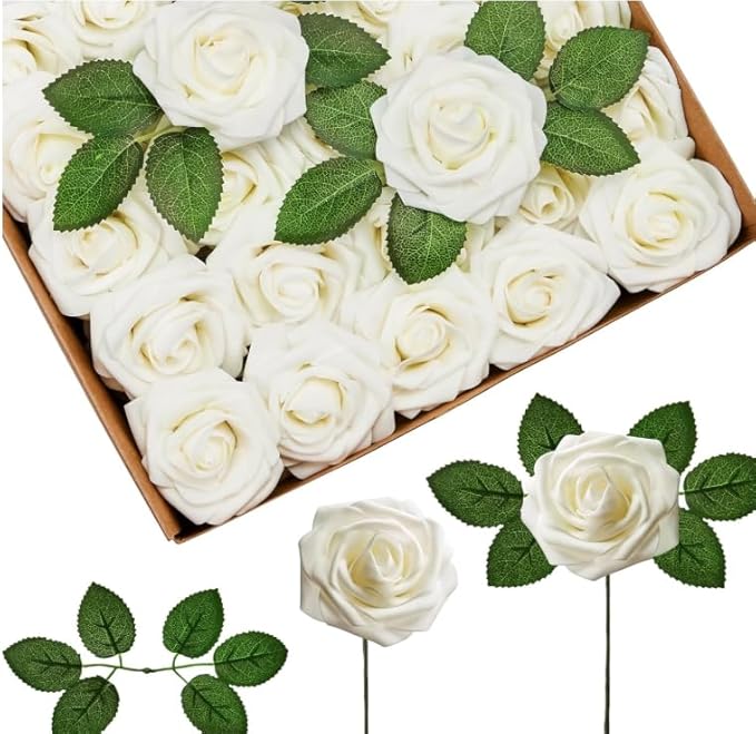 InnoGear Artificial Flowers, 100 Pcs Ivory White Foam Fake Roses Bulk with Stems for Decoration DIY Wedding Bouquets Centerpieces Bridal Shower Party Christmas Tree