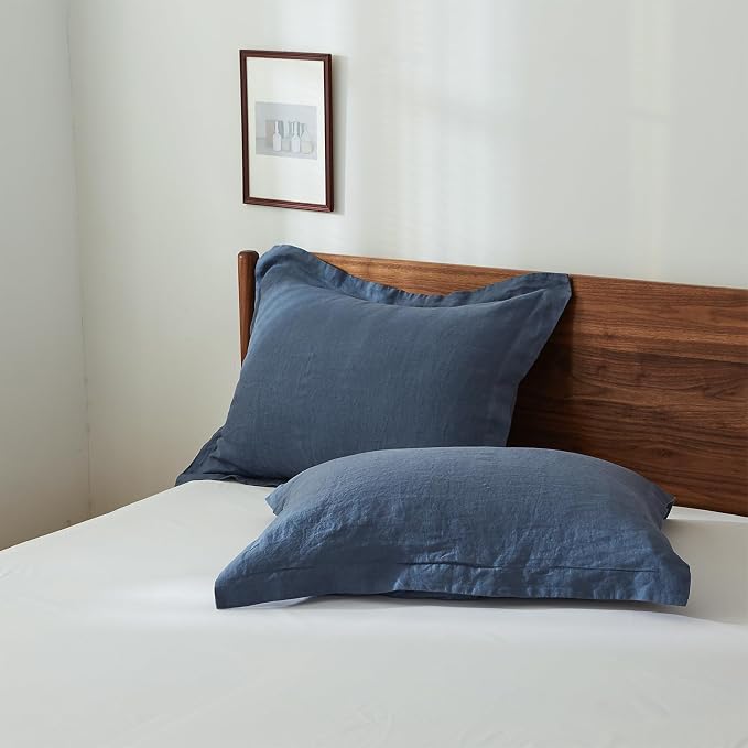 100% French Linen Pillow Shams Basic Style - Pack of 2 - Washed Solid Color Natural Flax Soft Breathable - Classic Blue, 20'' x 36''