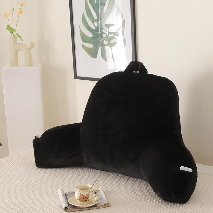 Soft Reading Pillow for Bed with Arms,Middle,Black,Faux Fur | 17" Backrest for Gaming & Lounging,Oeko-TEX Certified Plush Back Pillow for Teens Room