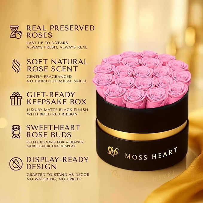 20 Mini Preserved Roses, Round Luxury Gift Box, Real Forever Roses Last 1+ Year, Premium Romantic Gift for Women, Wife, Girlfriend, Mother’s Day, Birthday, Anniversary, Valentine’s Day