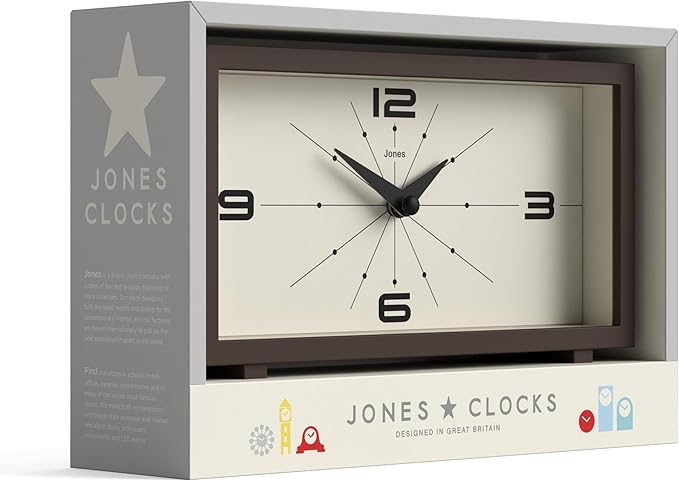 JONES CLOCKS® 'Odeon' Desk Clock | Modern Rectangular Design in Brown, Stylish Retro Look for Shelf, Table, Mantel or Bedside