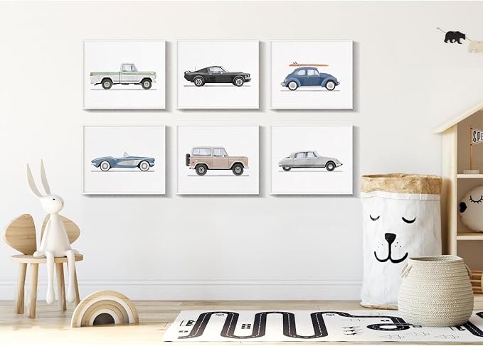 Blue Car Wall Art Decor Boys Room Wall Art Vintage Cars Canvas Poster Pictures Toddler Kids Room Prints Watercolor Vehicle Artwork Painting for Boys Bedroom Nursery 12x16 Inch Unframed Set of 6