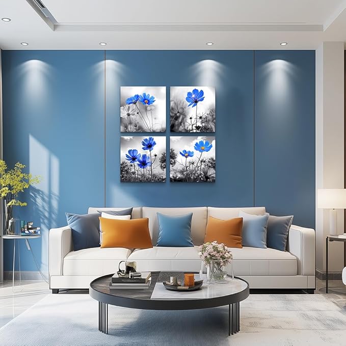 wall art for living room Black and White cyan blue flower Big Canvas Prints Wall Decor Artwork 16" x 16" 4 Pieces Framed Black Border Ready to Hang for bedroom kitchen Home Decoration withoffice