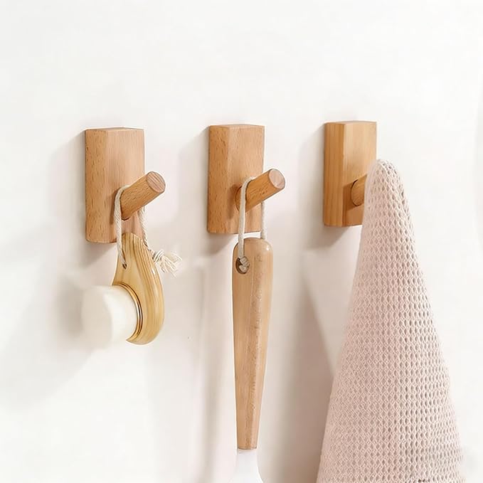 HomeDo Wall Hooks Hat Rack, Wooden Coat Hooks Wall Mounted, Decorative Hooks Single Organizer Hat Hanger Towel Rack, Heavy Duty Hooks (Rectangle-Beech,10P)