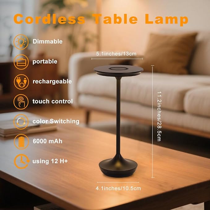 LED Cordless Table Lamp Rechargeable,Portable 6000mAh Battery Outdoor Bedside Table Lamps,3 Color Stepless Dimming Touch Battery Powered Lamp, Table Light for Restaurant/Patio/Camping/Bedroom(Black)