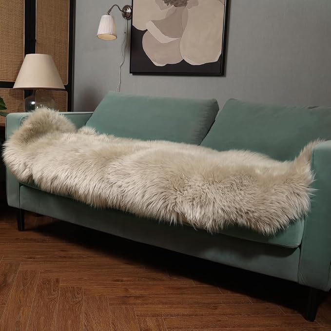 IRIWOOL Premium Genuine Fur Sheepskin Rug Real Australia Sheepskin Natural Luxury Fluffy Lambskin Fur Area Rug Seat Covers for Kids Bedroom Sofa Chair Cover (Creamy Gray, Double Pelt/2ft x 6ft)