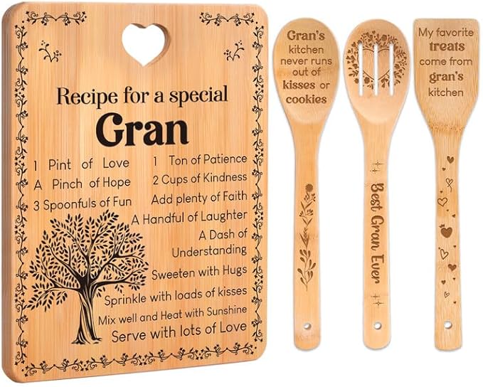 Gran Gifts - "Recipe for a Special Gran" Gran Gifts for Grandma Cutting Board Set, Bamboo-Made Engraved Utensil Set Gifts for Gran Cutting Board, Mothers Day Gifts for Gran.