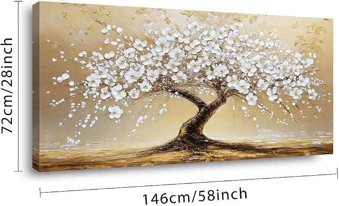 Ggaafet White FLower Tree Wall Art for Living Room Canvas Oil Painting Prints Beautiful Gold Floral Blooming Art Deco Modern Artwork Office Bedroom Family Dining Room Decor Extra Large