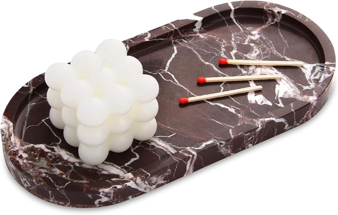 Oval Marble Bathroom Vanity Tray, Natural Luxury Marble Home Kitchen Bathroom Table Tray, Stone Decorative Countertop Tray for Coffee Perfume Jewelry (Rosso Lepanto, 10" x 5" x 0.6")