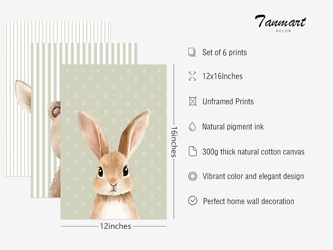 Woodland Animal Nursery Wall Art Decor Baby Kids Canvas Poster Safari Animal Wall Decor Jungle Forest Prints Bear Fox Deer Pictures Sage Green Painting Neutral Artwork for Bedroom 12x16 Inch Unframed