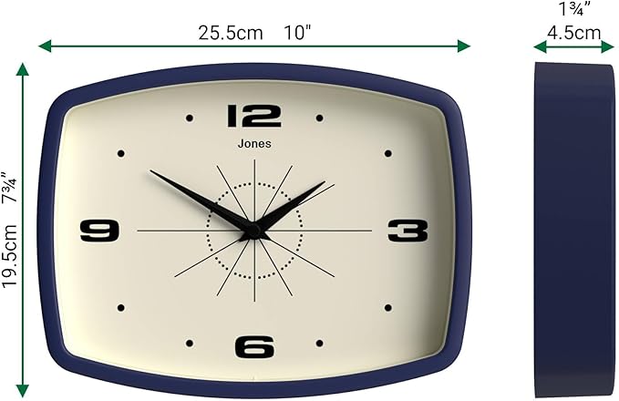 JONES CLOCKS® Movie Wall Clock | Rectangular Retro Clock | 25cm | Blue | Cool mid-Century Designer Look for Kitchen, Living Room or Office