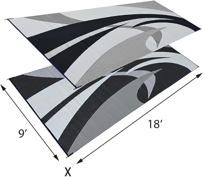 Stylish Camping 159181 9-feet by 18-feet Reversible Mat, Plastic Straw Rug, Large Floor Mat for Outdoors, RV, Patio, Backyard, Picnic, Beach, Polypropylene (PP) , Camping (Black/White)