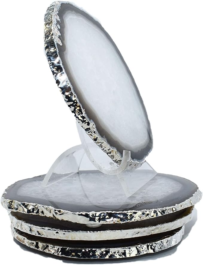 Nature's Decorations Natural Agate Stone Coasters with Real Silver Edge - Set of 4 Polished Geode Drink Mats for Dining & Coffee Table & Kitchen Decor No Dye 3.5-4" Diameter