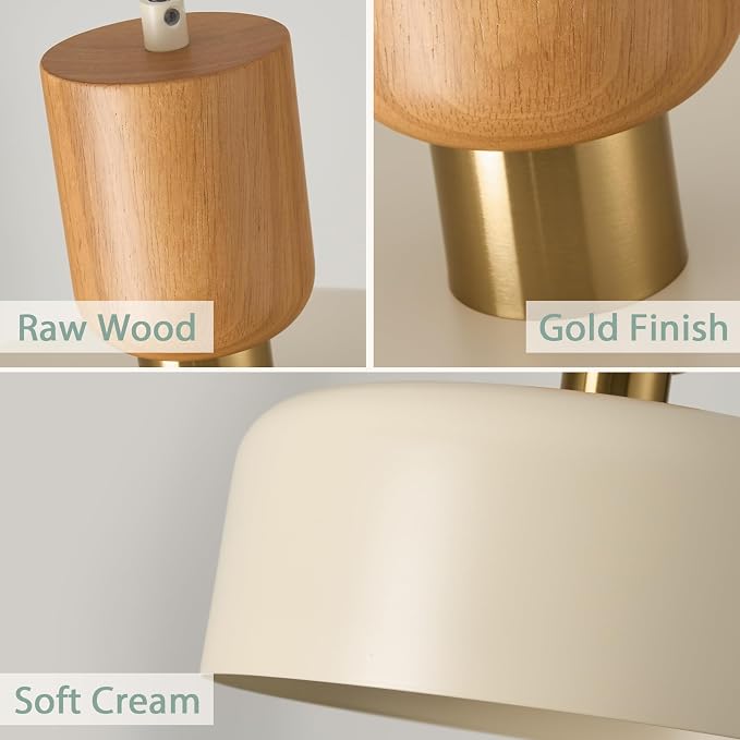 TeHenoo Modern Pendant Lighting, Soft Cream, 12 inch | Natural Wood and Brass Accent, Adjustable, For Kitchen Island, For Dining Room
