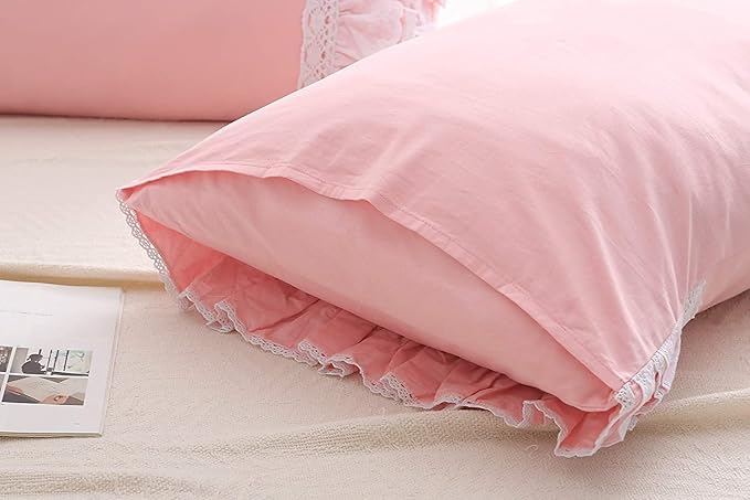 2-Pack Pink Pillow Shams Cases Covers with Ruffles and Lace Cotton King Size 20"X36"Soft Boudoir Luxurious