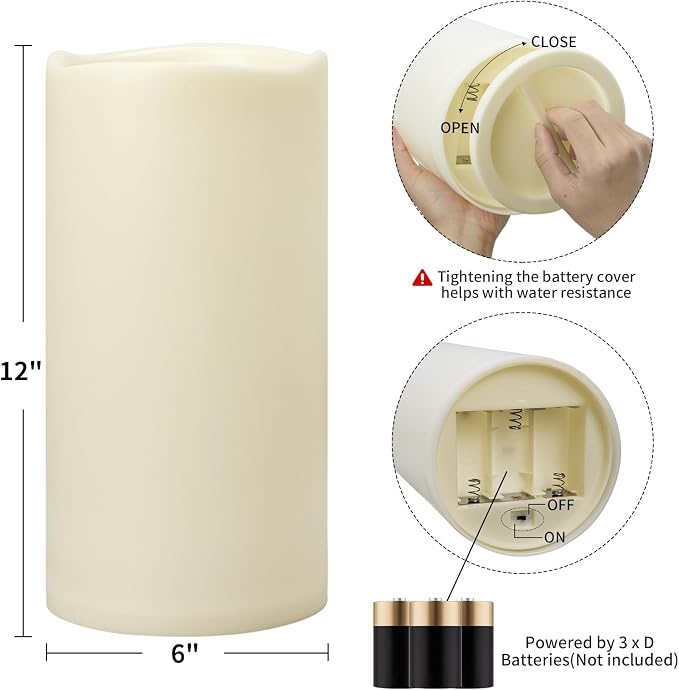 Outdoor Flameless Candles Waterproof: 6" x 12" Extra Large LED Battery Operated Flickering Pillar Candles with Timer Remote Control Fake Tall Plastic Electric Candles for Porch Laterns Patio