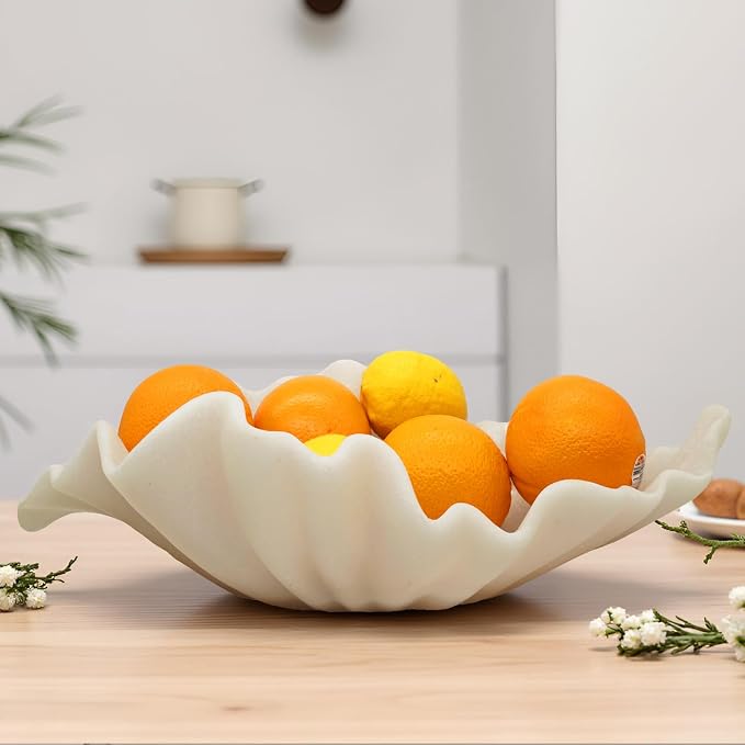 Off-white Large Decorative Bowl - 16” Fruit/Key/Purse Bowl for Home Decor - Coffee Table & Entryway Table Decor - Scalloped Ruffle Bowls - Unique Centerpiece Bowls(Big)