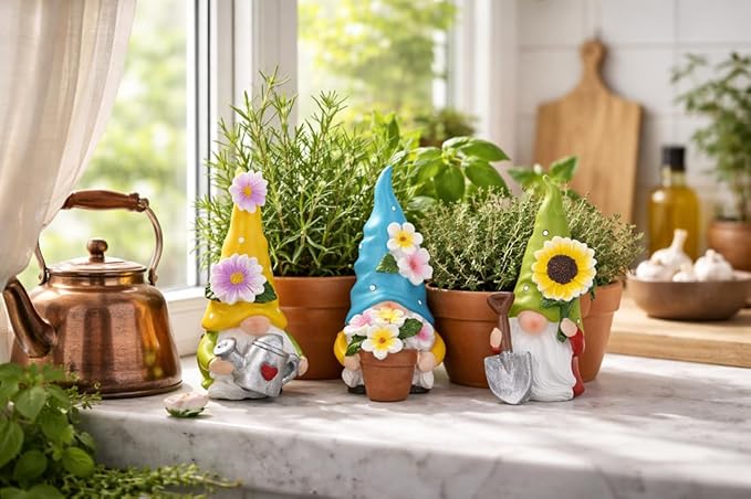 Hodao Spring Decorations for Home - Colorful Garden Gnomes Figurines with Flowers & Tools – Spring Summer Indoor Decor for Table, Lawn, Window Sill – Gift for Garden Lovers