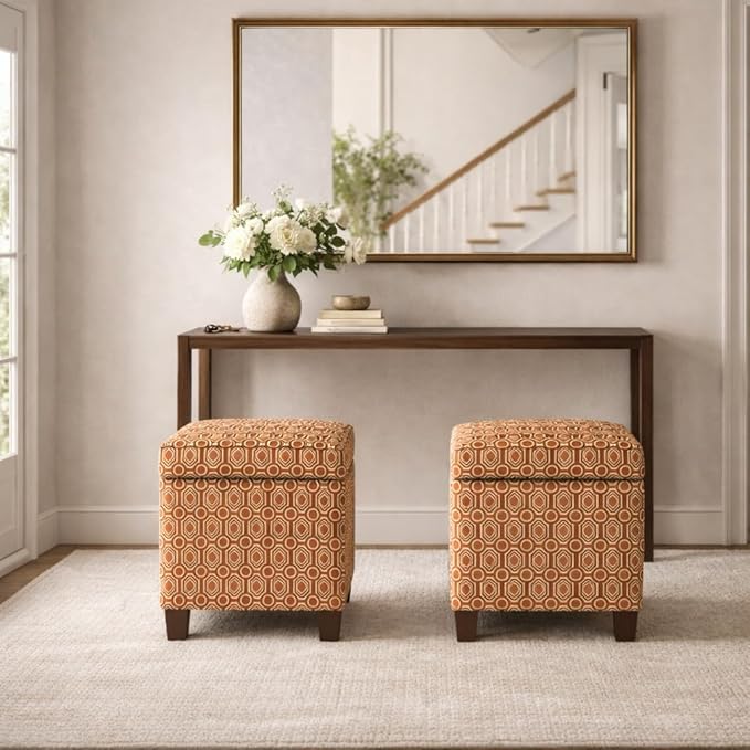 HomePop Upholstered Storage Cube Ottoman with Hinged Lid, Orange Geometric 17" x 17" x 18"