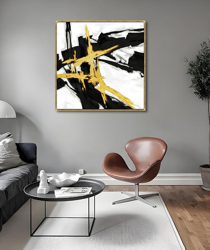 Sofoney Gold Framed Abstract Wall Art, Black & Gold, 30"x30" | Hand Painted Texture, Gold Foil, Modern Brushstroke Canvas, For Living Room Bedroom Office
