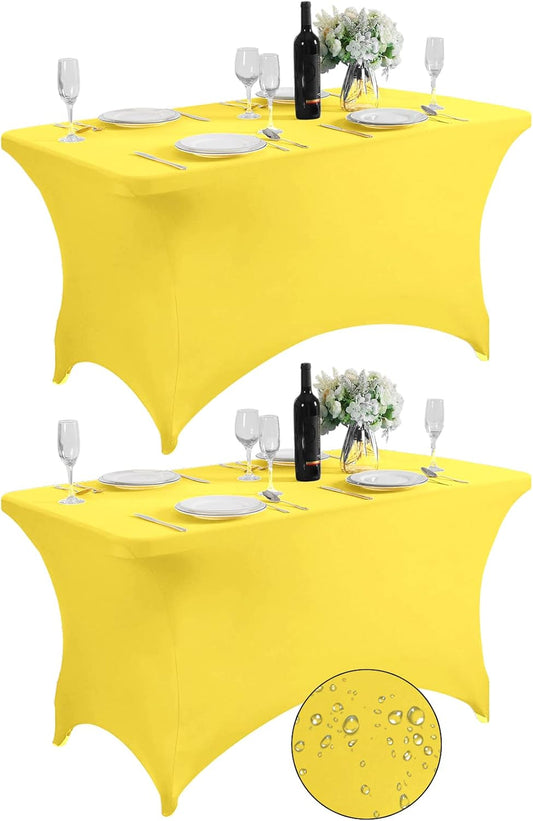 SuperO 2Pack Waterproof Spandex Table Cover for 4FT Table Universal Fitted Stretch Tablecloth for Party, Banquet, Wedding and Events-Yellow