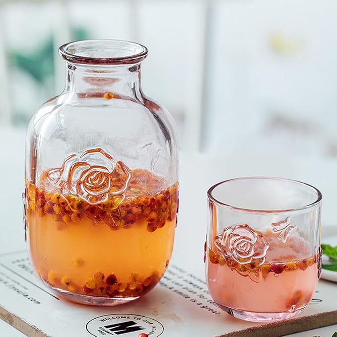 Pink Rose Flower Vintage Bedside Water Carafe and Glass Set, 15 oz Clear Glass Water Carafe with Tumbler for Bedroom Nightstand, Fruit Juice Milk Carafes, Mouthwash Decanter for Bathroom
