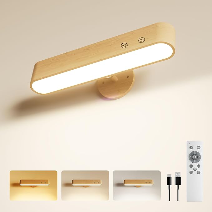 PopoIron 7500 mAh Rechargeable Wood Wall Sconce for Bedroom, LED Wall Light with Remote Control and Touch, 360° Magnetic Rotation, 3 Colours, Dimmable Wooden LED Wall Lamp with 15 RGB Colors,1 Pack