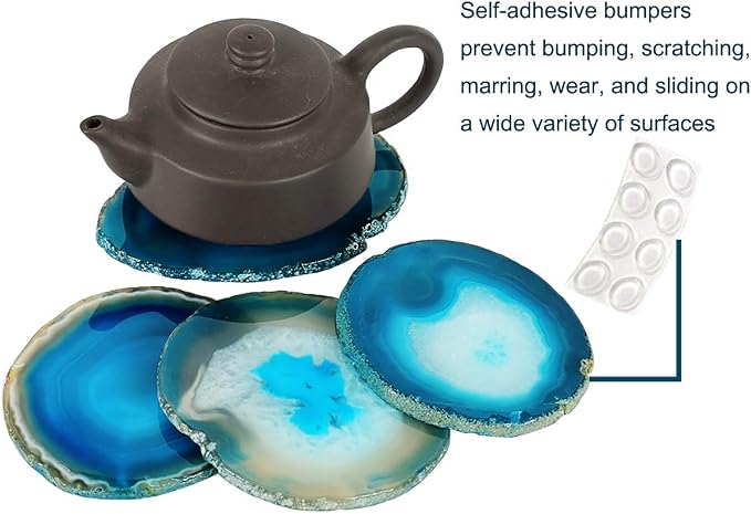 AMOYSTONE Agate Geode Coasters for Drinks Crystal Stone Table Coasters Large Set of 4 Unique Gifts Dyed Teal 4-5"