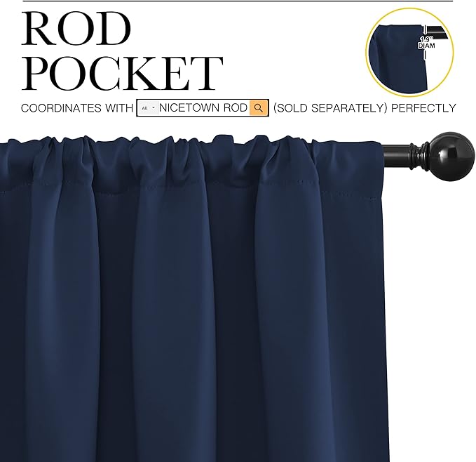 NICETOWN Navy Curtains Blackout Draperies - Modern Design Thermal Insulated Rod Pocket Blackout Drapes for Kid's Bedroom, Window Covering (1 Pair, 52 x 63 inches)