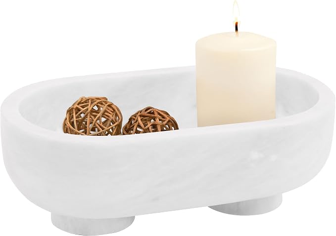 Radicaln Marble Oval Bowl With Stand 10" Inches White Handmade Key Bowl For Entryway Table, Ideal Decorative Bowl, Candy Dish & Candle Bowl, Marble Fruit Bowls